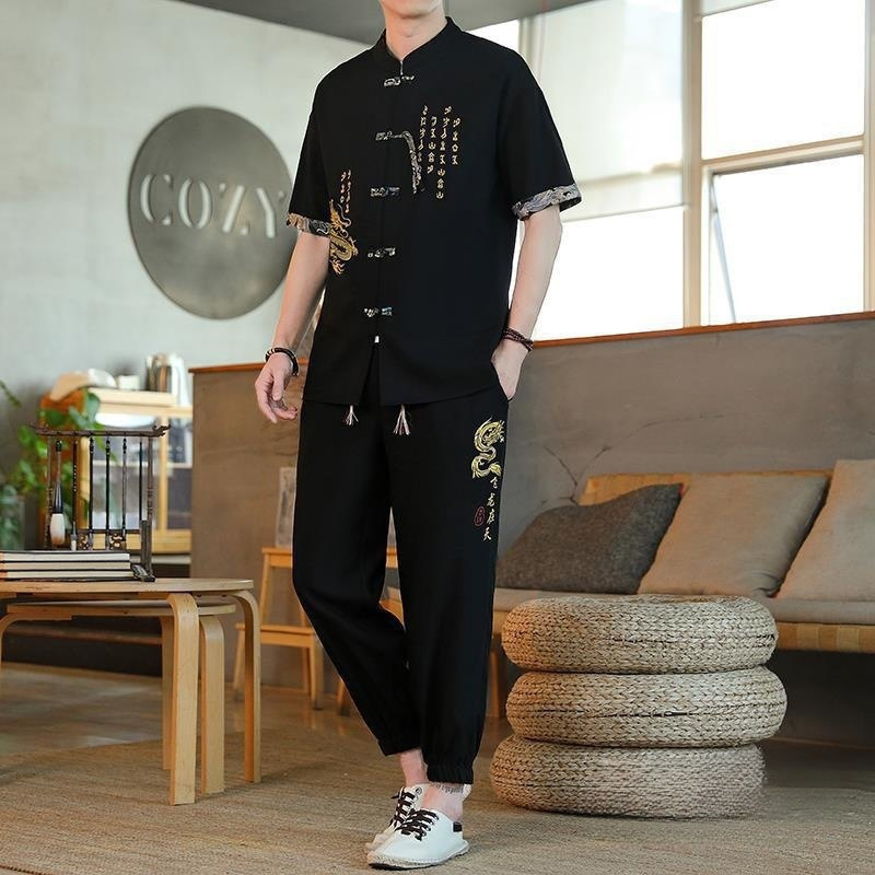 苏喜服装夏季男中国风刺绣两件套休闲潮流中式立领复古风套装8617