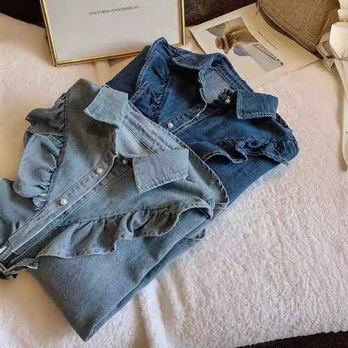 Spring New Korean Style Sweet Hemmed Denim Shirt for Women Loose and Slimming Long-Sleeved Top Under Shirt Trendy