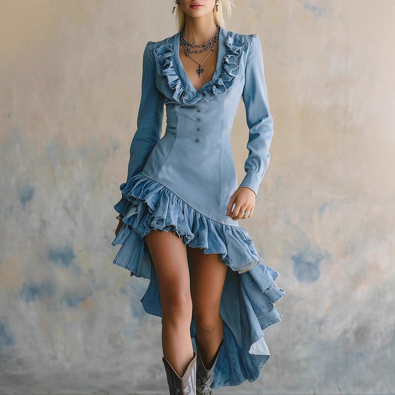 Amazon Cross-Border European Code Women's Retro Western Pastoral Style Ruffled No-Wash Denim Dress