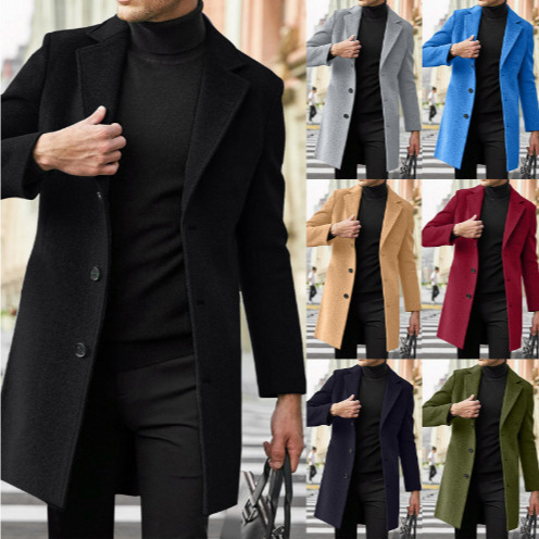 Foreign Trade Cross-Border Amazon Men's Mid-Length Long-Sleeved Woolen Coat Autumn and Winter Woolen Jacket Woolen Suit Windbreaker