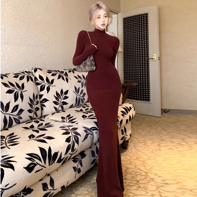 Spice Girl Shows Body Half Turtleneck Bottom Hip Dress Female Sexy Slim Burgundy Thin Fishtail Long Skirt_ecoleips.com