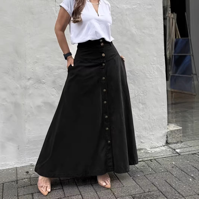 In-Stock European and American Cross-Border Foreign Trade Women's Clothing Elegant High-Waisted Skirt with Pockets, Buttons, Front Slit, A-Line Skirt, Mid-Length Skirt