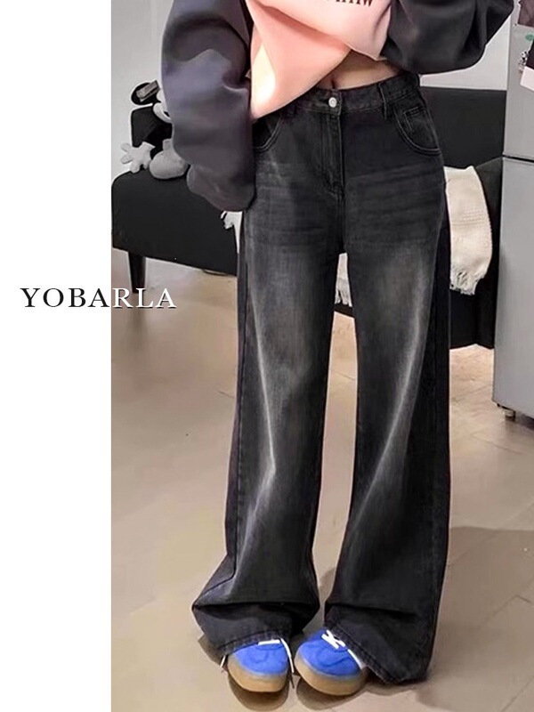 Black and Gray Straight-Leg Jeans for Women, New Spring Style, Plus Size, Loose Fit, Slimming, Suitable for Pear-Shaped Body, High-Waisted Wide-Leg Pants