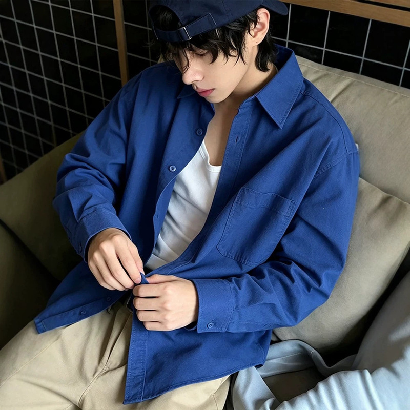 Blue Loose Long-Sleeved Shirt for Men, Spring and Autumn Pure Cotton Jacket, Casual Style Men's Shirt, Klein Thin Style, Klein Blue Blue Loose Long-Sleeved Shirt for Men, Spring and Autumn Pure Cotton Jacket, Casual Style Men's Shirt, Klein Thin Style, Klein Blue