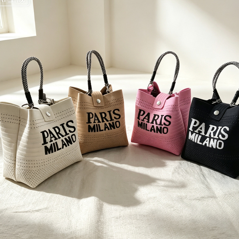 Knitted hollow-out handbag with cartoon animal design, versatile for outings, foldable and portable bucket bag