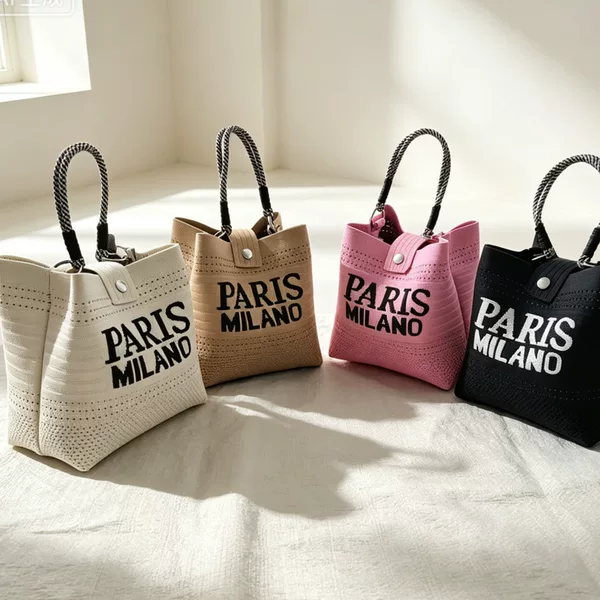 Knitted hollow-out handbag with cartoon animal design, versatile for outings, foldable and portable bucket bag