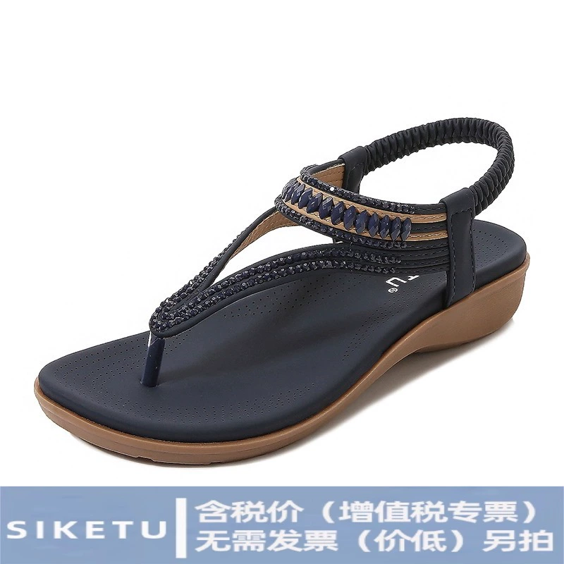 2025 летние новые европейские и американские женские сандалии с эластичными ремешками, бисером, мягкие, дышащие, легкие и удобные, женские туфли на танкетке большого размера.