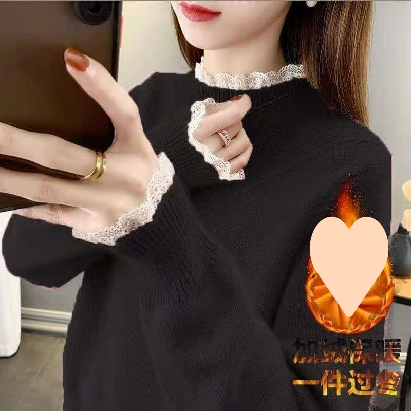 Демисезонный кружевной вязаный свитер (женский), высокий воротник, корейский стиль