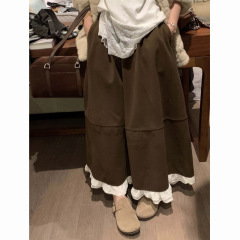 韩版减龄百搭宽松垂坠顺滑保暖高腰毛呢花边撞色过膝长裙伞裙女装