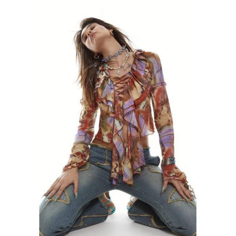 Jaded London Floral Print Shirt Irregular Lace-Up Vintage Hollow Spice Girl Mesh Long Sleeve Top Women