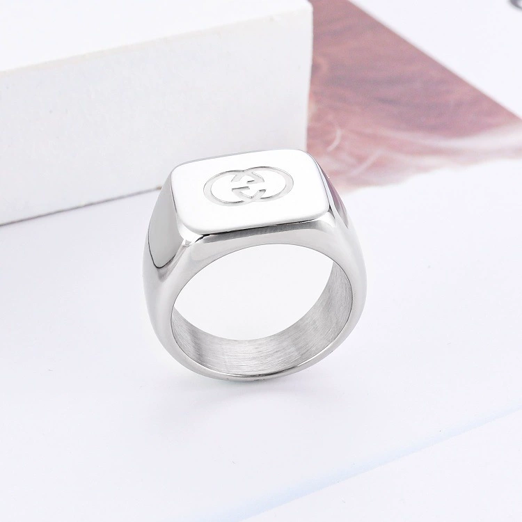 DAYHAO Square ring stainless steel with letters for leisure, European style