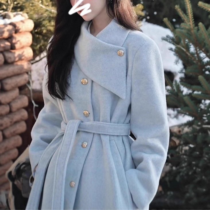 Korean High-End Blue Woolen Outwear for Women Autumn and Winter 2025 New Thickeneded Design Waist Woolen Outwear
