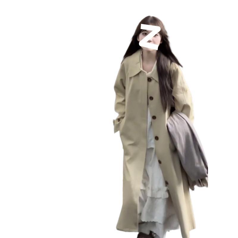 Minimalist Girl Korean Style Lapel Trench Women Autumn Winter New Khaki High-End Oversized Mid-Length Elegant Coat_voghion.com