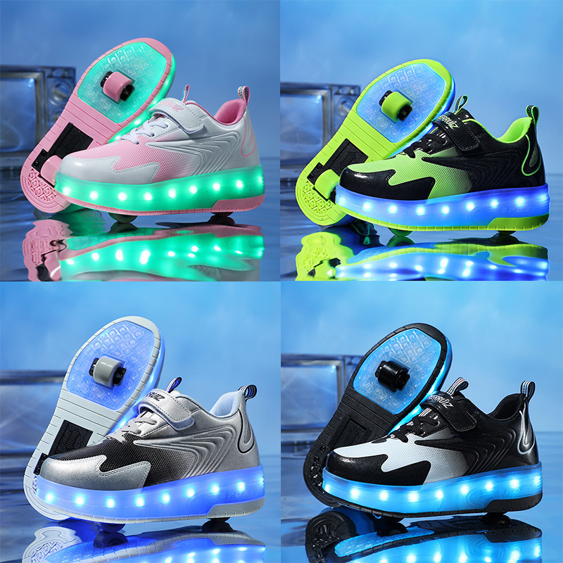 Children's Heal Shoes with Lights for Boys and Girls Students Adult Explosive Walking Shoes Two-Wheel Flying Shoelace Wheeled Shoes Roller Skates