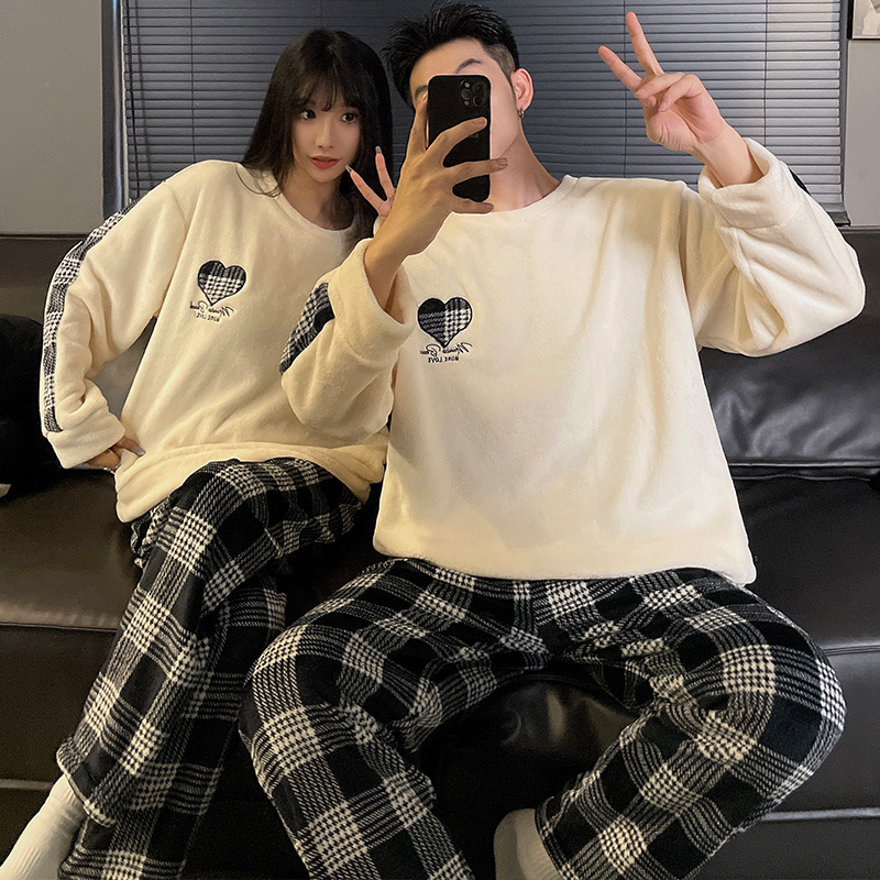 New Couple Autumn and Winter Warm Girls' Pajamas Flannel Crewneck Home Clothes Men's Youth plus size suit