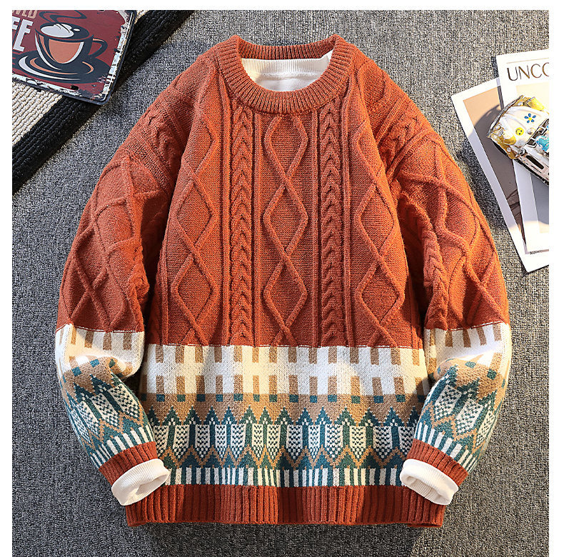 Herren-Langarm-Strickpullover, lässig, locker geschnitten, Rundhalsausschnitt, Polyester-Kaninchenwollmischung, Herbst-Winter-Mode mit Emblem-Design_voghion.com