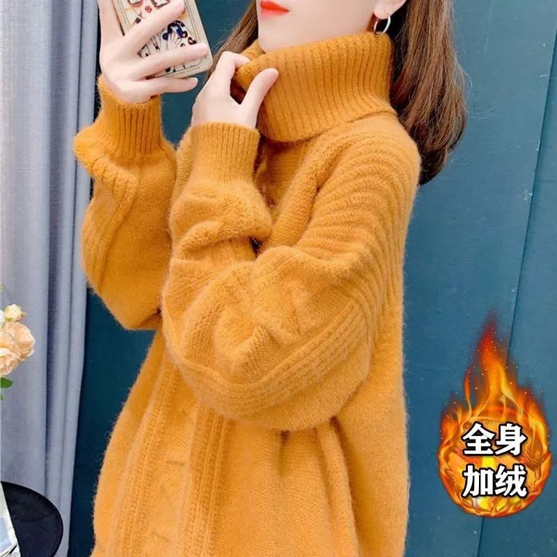 Fleece-Lined/Non-Fleece Turtleneck Sweater for Women 2023 New Autumn and Winter Loose Retro Japanese Style Lazy Knitwear Fleece-Lined/Non-Fleece Turtleneck Sweater for Women 2023 New Autumn and Winter Loose Retro Japanese Style Lazy Knitwear