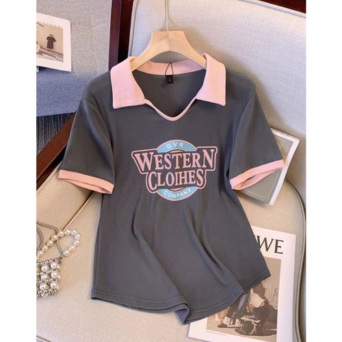 Women's 2025 Summer Polo Collar Regular Shoulder Short Sleeve Letter T-Shirt for Plus Size Loose and Slimming Top Trendy