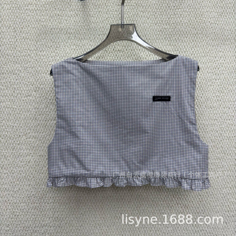 Miu Series "Shenzhen Nanyou" Off-Shoulder Sleeveless Ruffle T-Shirt Top, Youthful and Versatile Plaid Fabric, Cross-Border