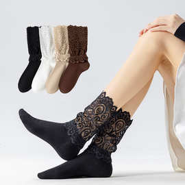 跨境货源秋冬韩版袜子女潮流洛丽塔中长筒潮袜蕾丝花边日系堆堆袜