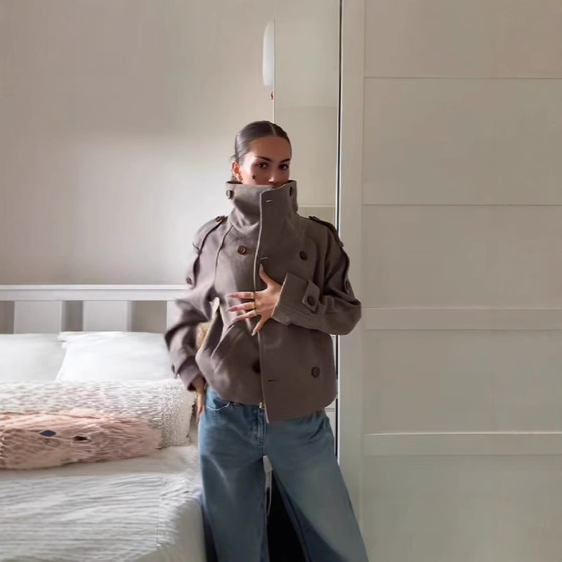 Cross-Border European and American Autumn and Winter New Women's High-Quality Woolen Jacket Stand-Up Collar Double-Breasted Elegant Commuter Loose Jacket