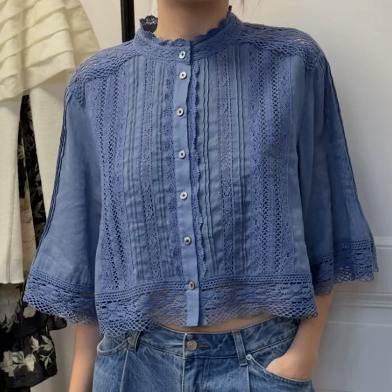 French-style niche 2026 early autumn new lace hollow crochet inlaid lace bell-shaped loose versatile women's shirt French-style niche 2026 early autumn new lace hollow crochet inlaid lace bell-shaped loose versatile women's shirt