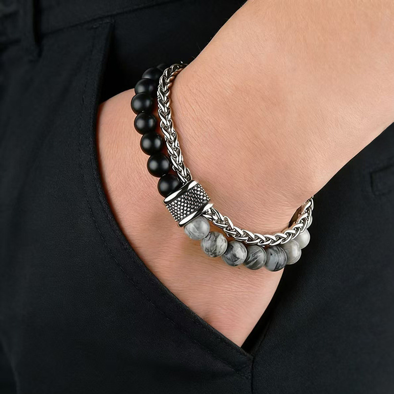 Stainless Steel Men's Trendy High-End Matte Bracelet Niche Tiger Eye Stone European and American Men's Jewelry Bracelet Manufacturer Wholesale