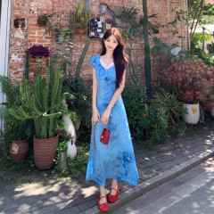 法式蓝色碎花连衣裙女夏季蕾丝拼接v领泡泡袖裙子复古气质a字长裙