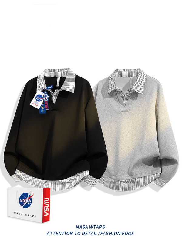 NASA ABOUT美式假两件拼接翻领卫衣男秋季潮牌休闲宽松套头上衣服|undefined