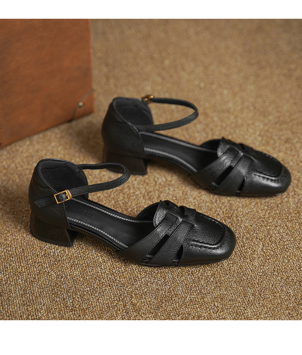 Sandal nữ da cừu mũi nhọn quai khóa gót thô 9 cm — đen chi tiết 14