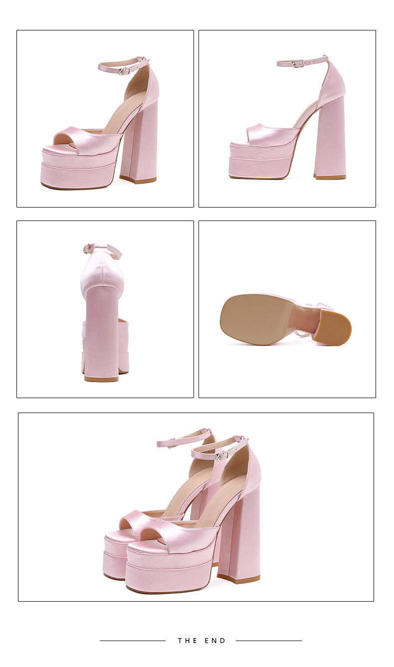 Sandal cao gót nữ mũi vuông rỗng gót vuông satin — Màu đen chi tiết 21