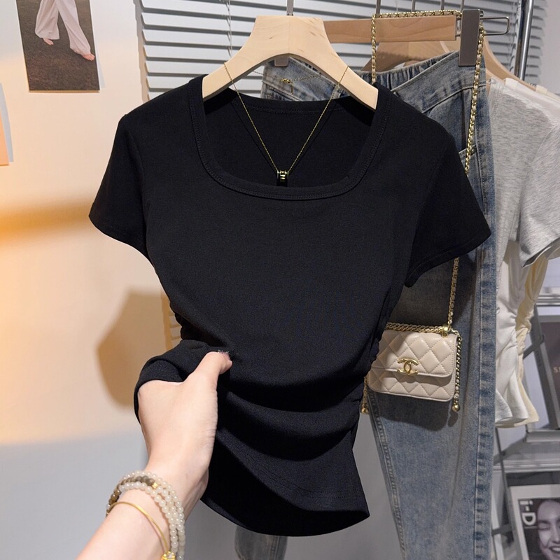 Square Neck Ribbed Short-Sleeve T-Shirt for Women, Summer 2026 New Style, Sexy Waist-Cinching Ruched Slim-Fit Top