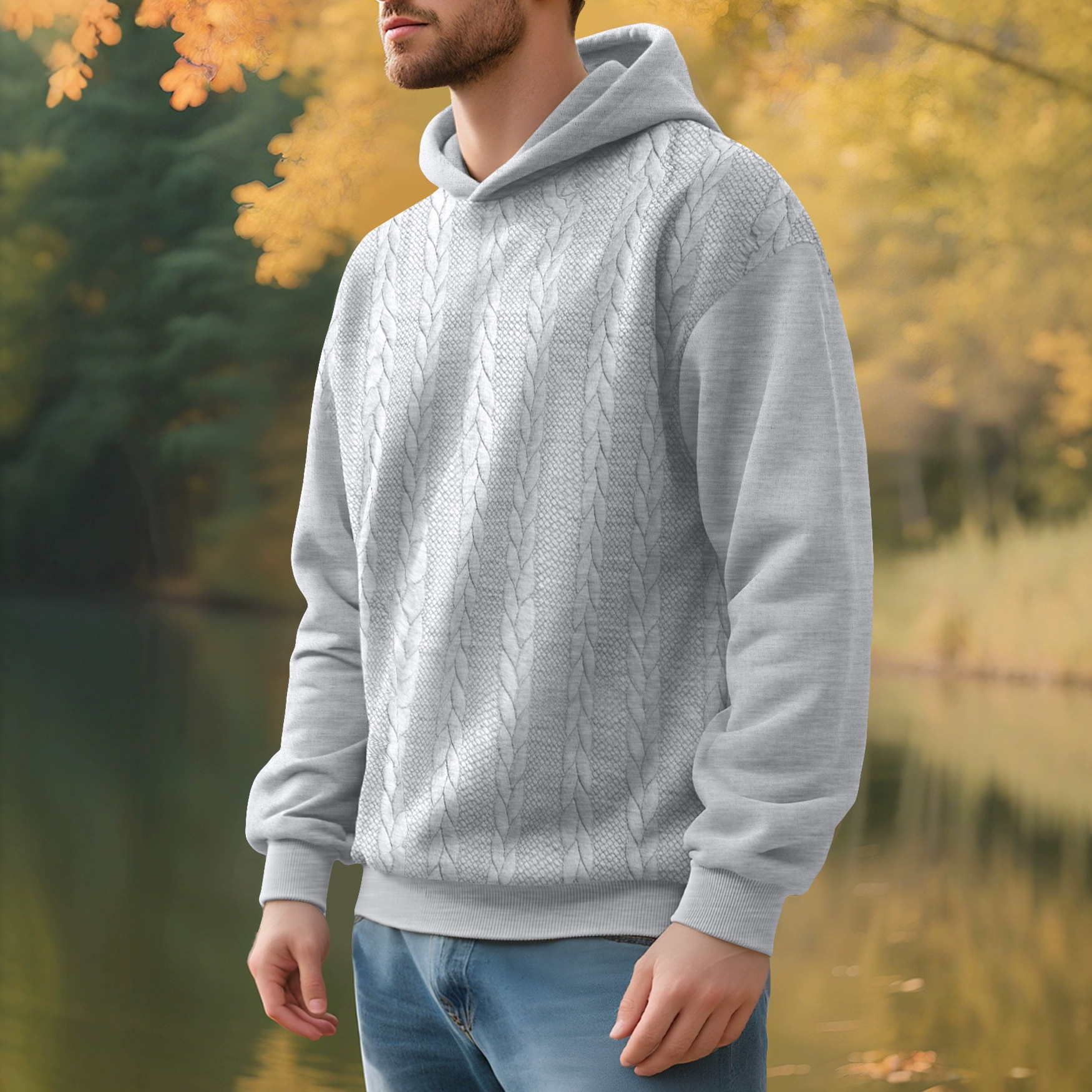 Hombres transfronterizos europeos y estadounidenses de tamaño grande otoño y invierno ocio nuevo Jacquard grueso chaqueta con sombrero de manga larga chaqueta de hombre hombre