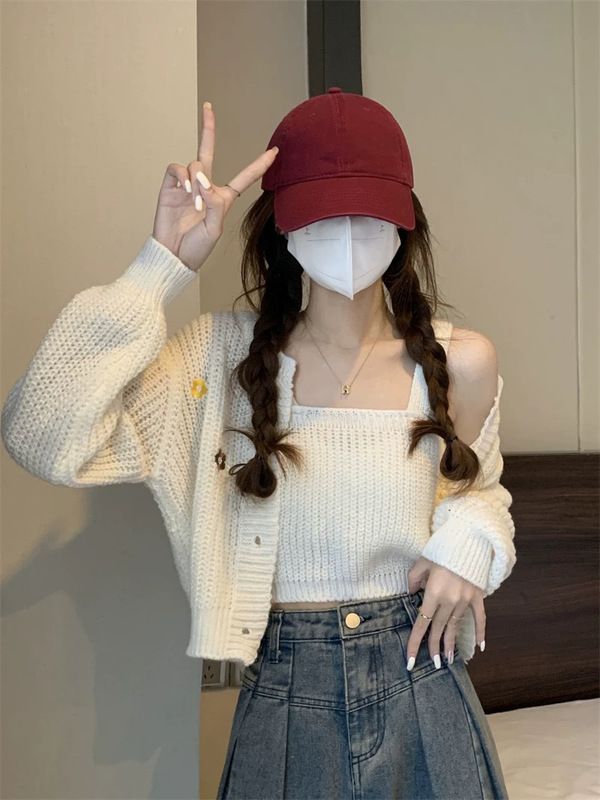 花朵刺绣针织开衫毛衣吊带两件套女2025秋冬新款显瘦外套甜辣上衣|undefined