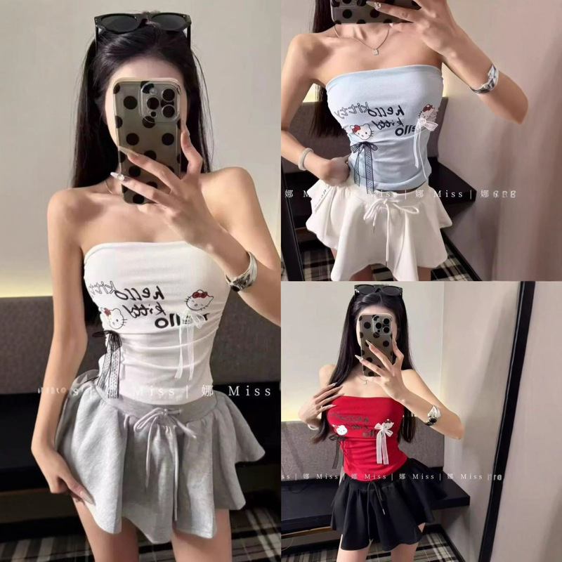 人棉Kitty猫印花蝴蝶结无袖抹胸背心女夏修身辣妹美背短衣外穿潮|undefined