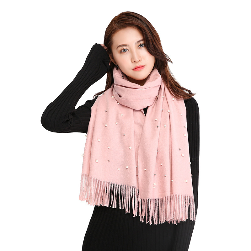 Vente chaude nouvelle automne et hiver couleur unie cheveux épineux clou perle châle en Europe et en Amérique, écharpe femme gland chaud épaissi_voghion.com