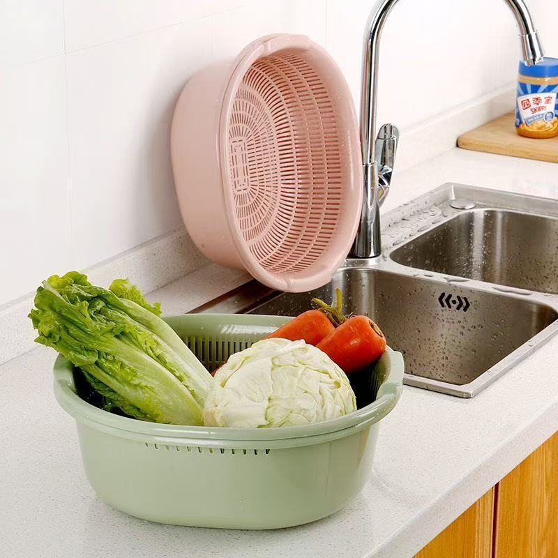 Canasta de drenaje de doble capa para uso en la cocina, lavado de verduras, melones y frutas con tapa, canasta de almacenamiento de drenaje cuadrada a prueba de polvo