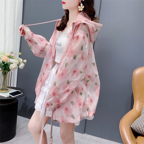 Women's Zipper Open Top Summer 2025 Relaxed Style Printed Design Hooded Sun Protection Long Sleeve Jacket