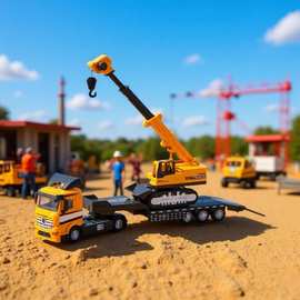 合金平板拖车载工程车模型金属压路机挖机挖土机钩机儿童玩具吊车