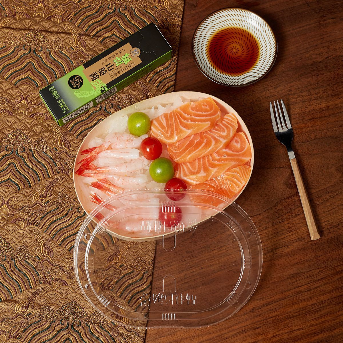 Caja de embalaje de sushi de madera de salmón, caja de camarón dulce, caja de embalaje secundaria, caja de embalaje fresca para llevar