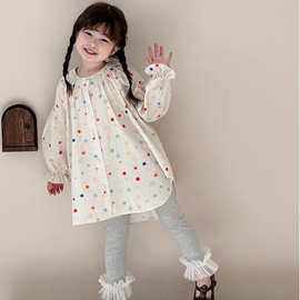 2025春款女童彩色波点衬衫宽松圆领衬衣花边纯色打底裤两件套童装