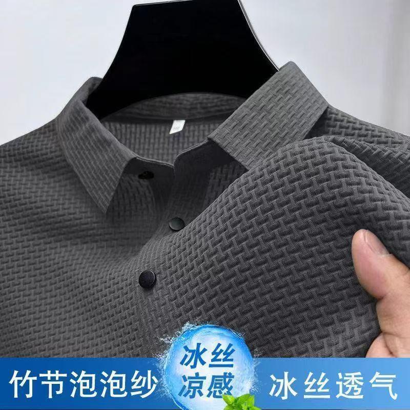 2025 nueva camiseta de manga corta de seda de hielo para hombres, solapa de verano, camiseta casual, de alta gama, media manga transpirable con sensación de hielo