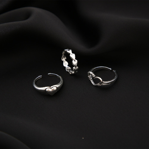 欧美跨境新款金属关节戒指批发创意复古简约爱心戒指套装3件套
