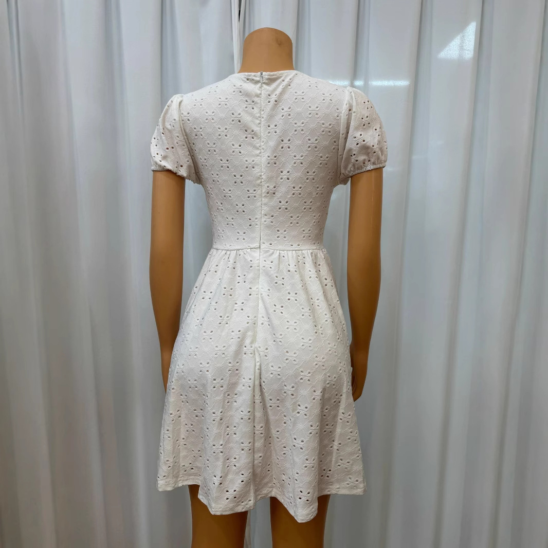 Women's Sexy Hollow Out Strappy V Neck Short Sleeve Solid Color Dress Style_ecoleips.com