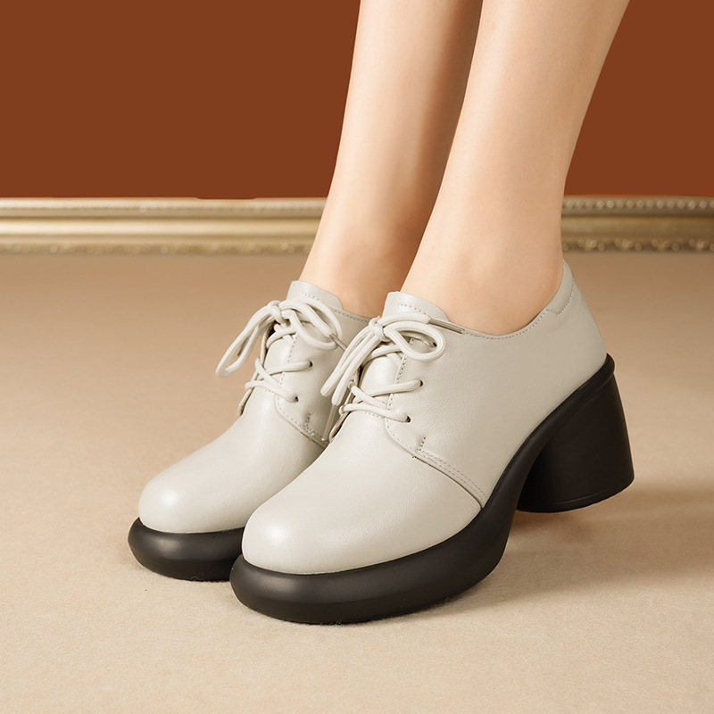 Women's Small Leather Shoes, Spring & Fall Style, Deep-Mouthed Lace-Up Round-Toe Shoes, Genuine Leather Thick-Heeled High-Heeled Shoes, Non-Tiring Thick-Soled Women's Shoes