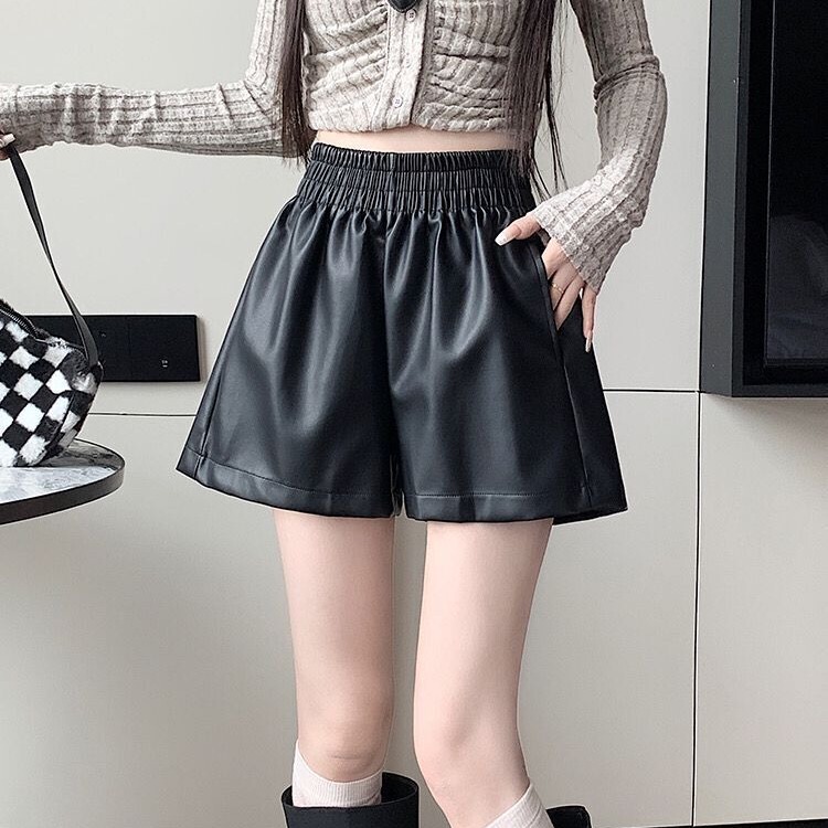 PU leather shorts women's spring and autumn fashion A- line shorts fat m slimming wide leg boot pants small outer wear all-matching hot pants PU leather shorts women's spring and autumn fashion A- line shorts fat m slimming wide leg boot pants small outer wear all-matching hot pants