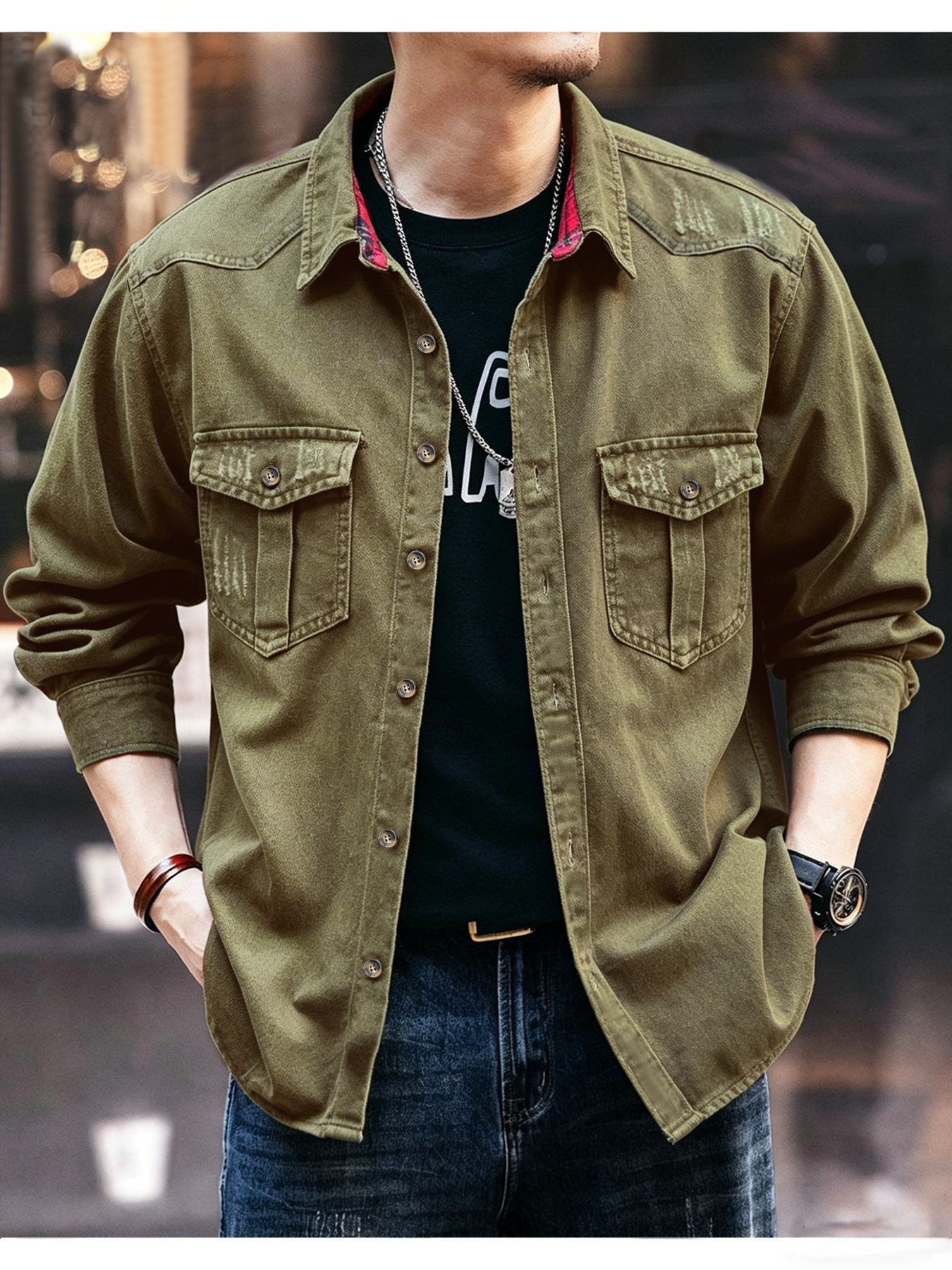 Men's Vintage Loose Fit Work Shirt, Spring Casual Plaid Long Sleeve Shirt For Big & Tall, Military Green_viptrois.com