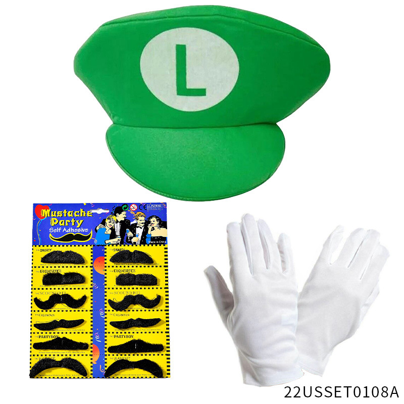 Fabricantes de sombreros al por mayor Halloween Luigi sombrero traje de dibujos animados sombrero barba guantes traje