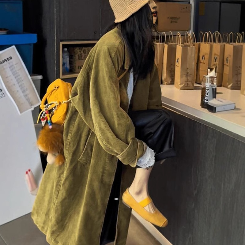 2024 autumn and winter new French high-end niche design Korean fried color retro corduroy trench coat women 2024 autumn and winter new French high-end niche design Korean fried color retro corduroy trench coat women