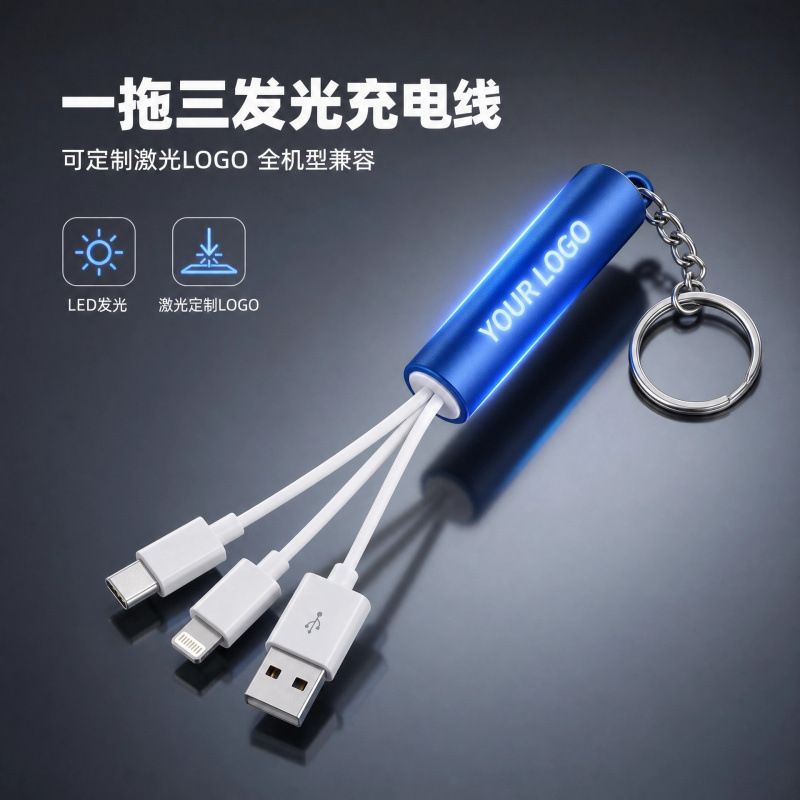 制定发光三合一数据线多功能商务钥匙扣一拖三充电线礼品创意手机